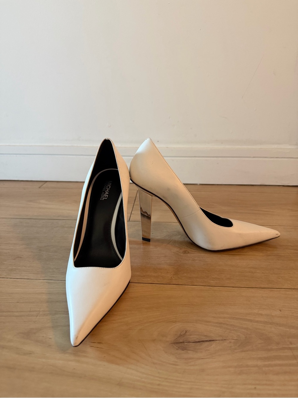 Michael Kors White Pointed Toe Pumps with Metallic Block Heel